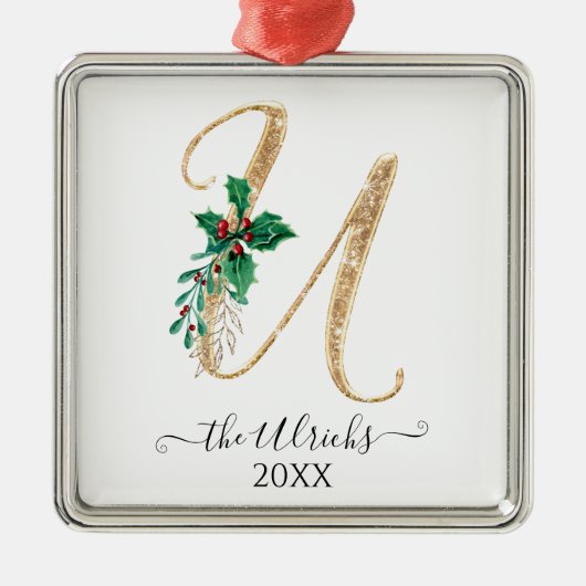 Gouden Monogram U Glitter Kerst Holly Foliage Metalen Ornament (Voorkant)
