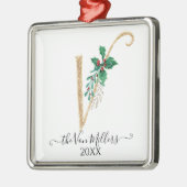Gouden Monogram V Glitter Kerst Holly Foliage Metalen Ornament (Links)
