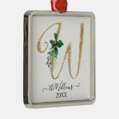 Gouden Monogram W Glitter Kerst Holly Foliage Metalen Ornament (Rechts)