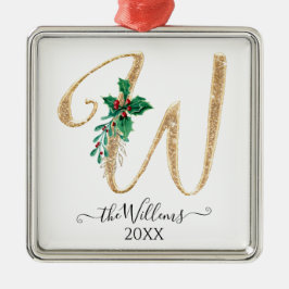 Gouden Monogram W Glitter Kerst Holly Foliage Metalen Ornament