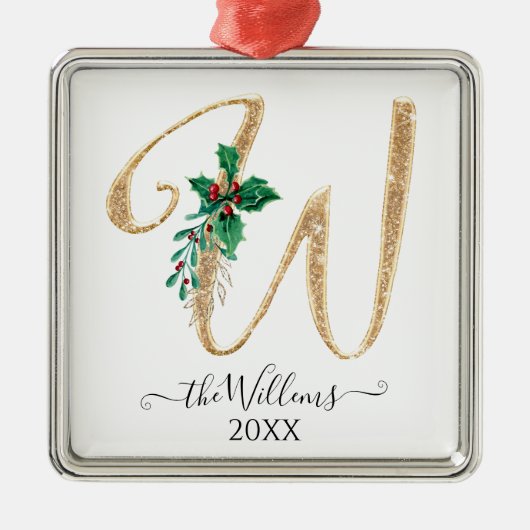 Gouden Monogram W Glitter Kerst Holly Foliage Metalen Ornament (Voorkant)