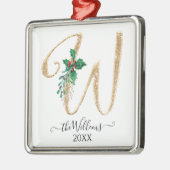 Gouden Monogram W Glitter Kerst Holly Foliage Metalen Ornament (Links)