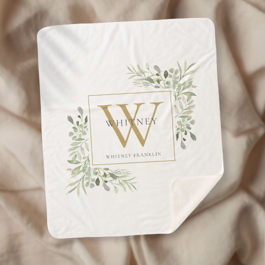 Gouden Monogram Waterverf Bloem Sherpa Deken