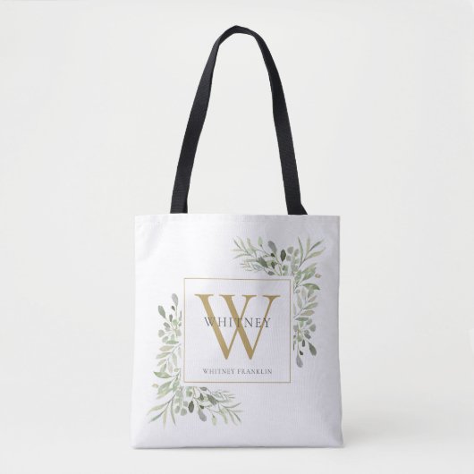 Gouden Monogram Waterverf Groene Aangepaste Tote Bag (Voorkant)