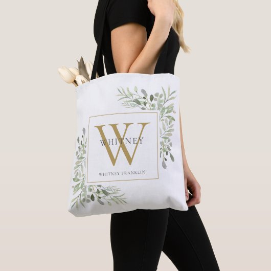 Gouden Monogram Waterverf Groene Aangepaste Tote Bag (Dichtbij)