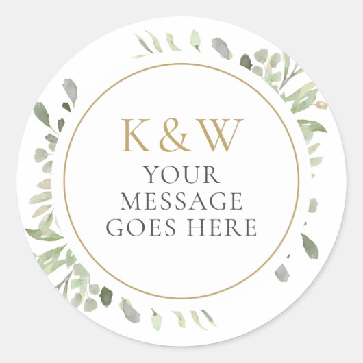 Gouden Monogram Waterverf Groene Bloemen Bruiloft Ronde Sticker (Voorkant)