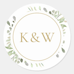 Gouden Monogram Waterverf Groene Huwelijk Ronde Sticker