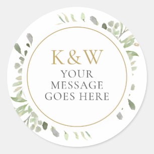 Gouden Monogram Waterverf Groene Huwelijksdecorati Ronde Sticker