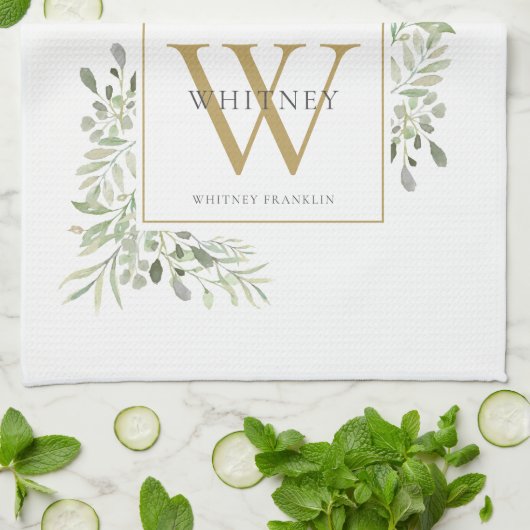 Gouden Monogram Waterverf Groenery Theedoek (Gevouwen)