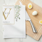 Gouden Monogram Waterverf Groenery Theedoek (Quarter Fold)
