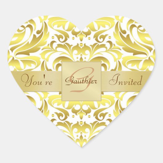 Gouden Monogram Witte Damast Hart Sticker (Voorkant)