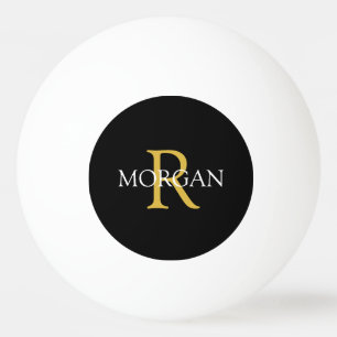Gouden monogram & witte naam op zwart pingpongbal