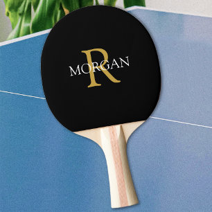 Gouden Monogram & Witte Naam op Zwart Tafeltennisbatje