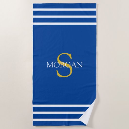 Gouden Monogram & Witte Naam, Witte Strepen, DP Bl Strandlaken (Voorkant)