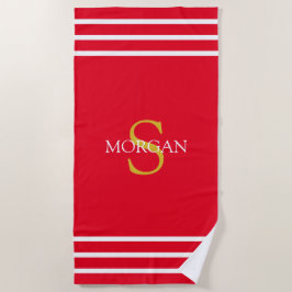 Gouden Monogram/Witte Naam Witte Strepen, Rood Strandlaken