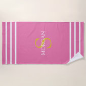 Gouden Monogram/Witte Naam Witte Strepen, Roze Strandlaken (Voorkant)