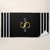 Gouden Monogram/Witte Naam Witte Strepen, Zwart Strandlaken (Voorkant)