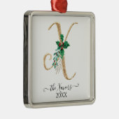 Gouden Monogram X Glitter Kerst Holly Foliage Metalen Ornament (Rechts)