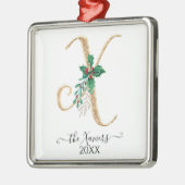 Gouden Monogram X Glitter Kerst Holly Foliage Metalen Ornament (Links)