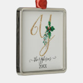 Gouden Monogram Y Glitter Kerst Holly Foliage Metalen Ornament (Rechts)
