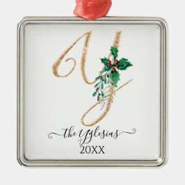 Gouden Monogram Y Glitter Kerst Holly Foliage Metalen Ornament
