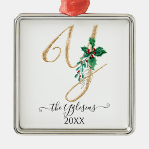 Gouden Monogram Y Glitter Kerst Holly Foliage Metalen Ornament