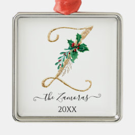 Gouden Monogram Z Glitter Kerst Holly Foliage Metalen Ornament