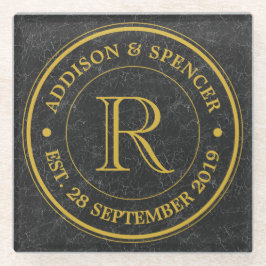 Gouden Monogram Zwart Lederen Bruiloft Jubileum Glazen Onderzetter