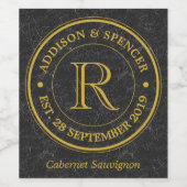 Gouden Monogram Zwart Lederen Bruiloft Jubileum Wijn Etiket (Enkel label)