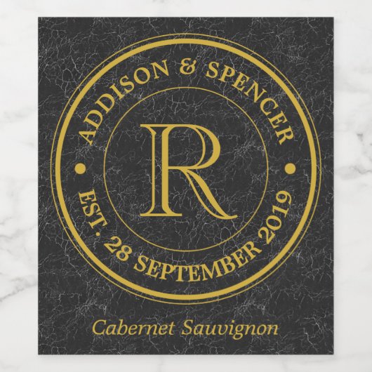 Gouden Monogram Zwart Lederen Bruiloft Jubileum Wijn Etiket (Enkel label)