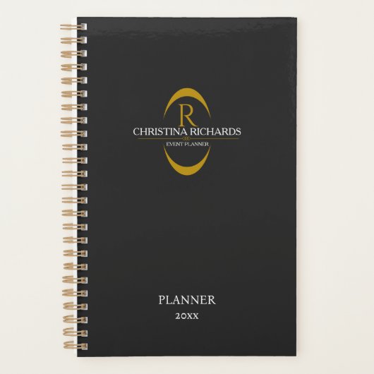 Gouden Monogram Zwart Modern Elegant Business Planner (Voorkant)