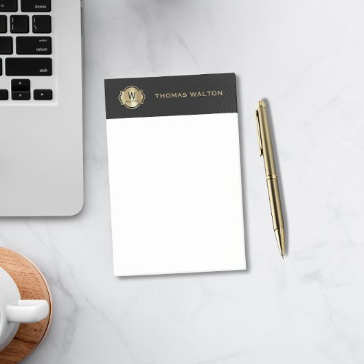 Gouden Monogram Zwarte Leer Elegant Post-it® Notes