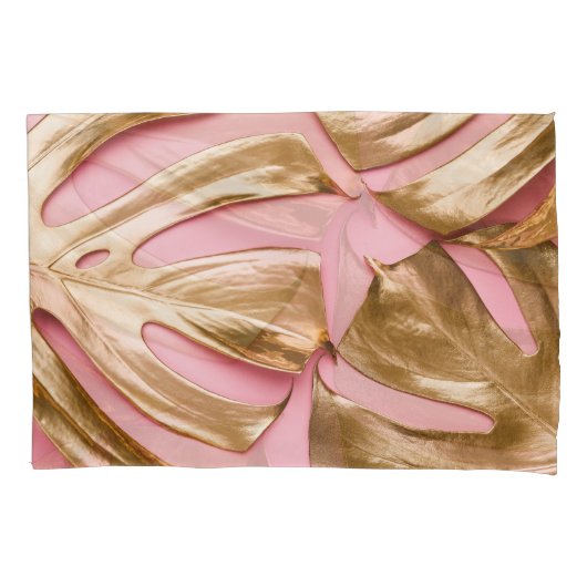 Gouden Monstera bladeren: pastelroze. Kussensloop (Voorkant)