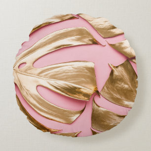 Gouden Monstera bladeren: pastelroze. Rond Kussen