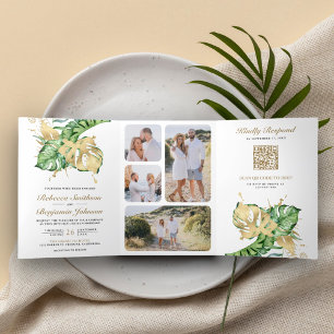 Gouden Monstera Tropische Palm QR Code Bruiloft Drieluik Uitnodiging