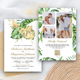 Gouden Monstera Tropische Palm QR Code Bruiloft Kaart