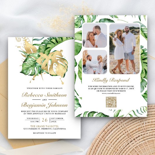 Gouden Monstera Tropische Palm QR Code Bruiloft Kaart