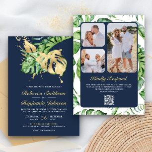 Gouden Monstera Tropische Palm QR Code Navy Bruilo Kaart