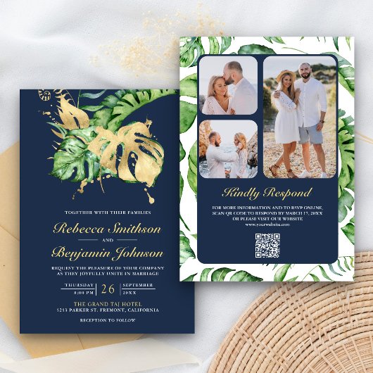 Gouden Monstera Tropische Palm QR Code Navy Bruilo Kaart