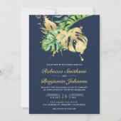 Gouden Monstera Tropische Palm QR Code Navy Bruilo Kaart (Voorkant)