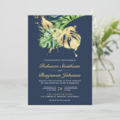 Gouden Monstera Tropische Palm QR Code Navy Bruilo Kaart (Staand voorkant)