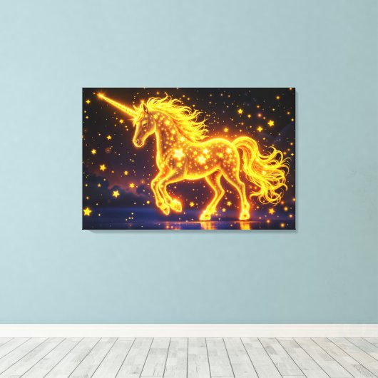 Gouden mooie eenhoorn gloed schattige magische neo canvas afdruk (Insitu (Houten vloer))