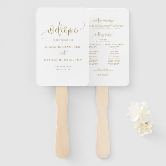 Gouden mooie kalligrafie script huwelijksprogramma handwaaier (Voorkant en achterkant)