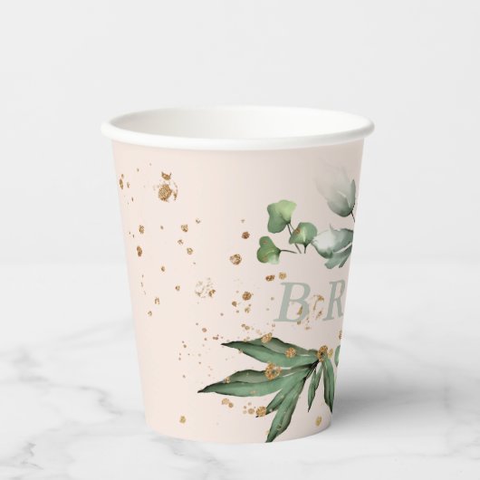 Gouden Mos Eucalyptus Moderne Roze Bruidsontbijt Papieren Bekers (Voorkant)