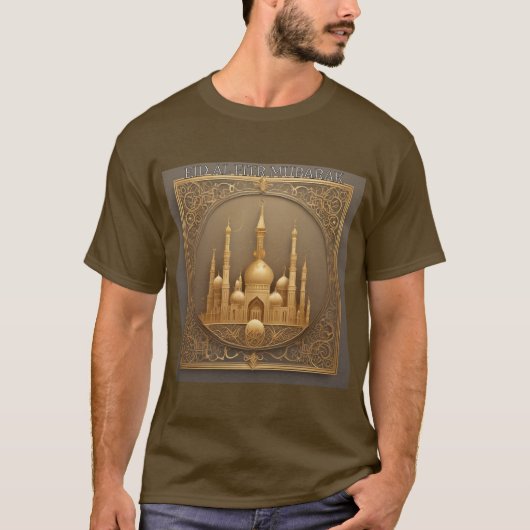 Gouden Moskee Eid Al Fitr Mubarak T-shirt voor man (Voorkant)
