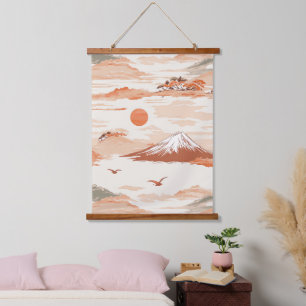 Gouden Mount Fuji Zonsopgang Japan Waterverf Patro Hangend Wandkleed