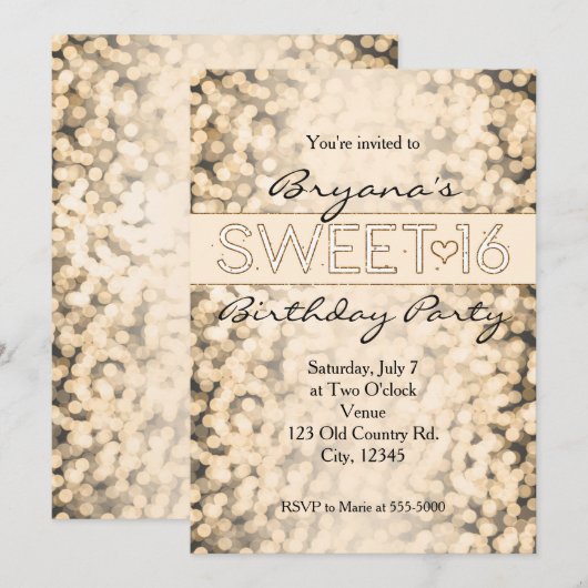 Gouden Mousserende Lights SWEET 16 Party Uitnodigi Kaart (Voorkant / Achterkant)