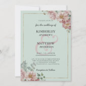 Gouden munt groen roze waterverf bloemenbruiloft kaart (Voorkant)