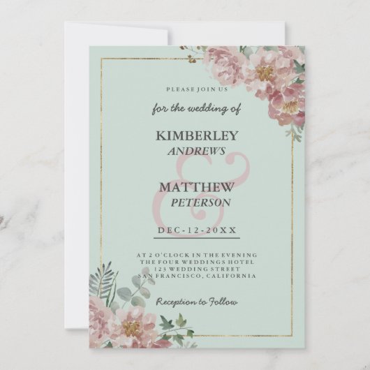 Gouden munt groen roze waterverf bloemenbruiloft kaart (Voorkant)