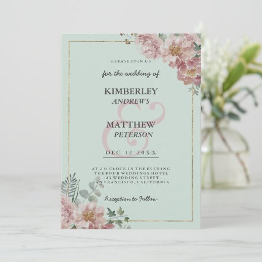 Gouden munt groen roze waterverf bloemenbruiloft kaart (Staand voorkant)